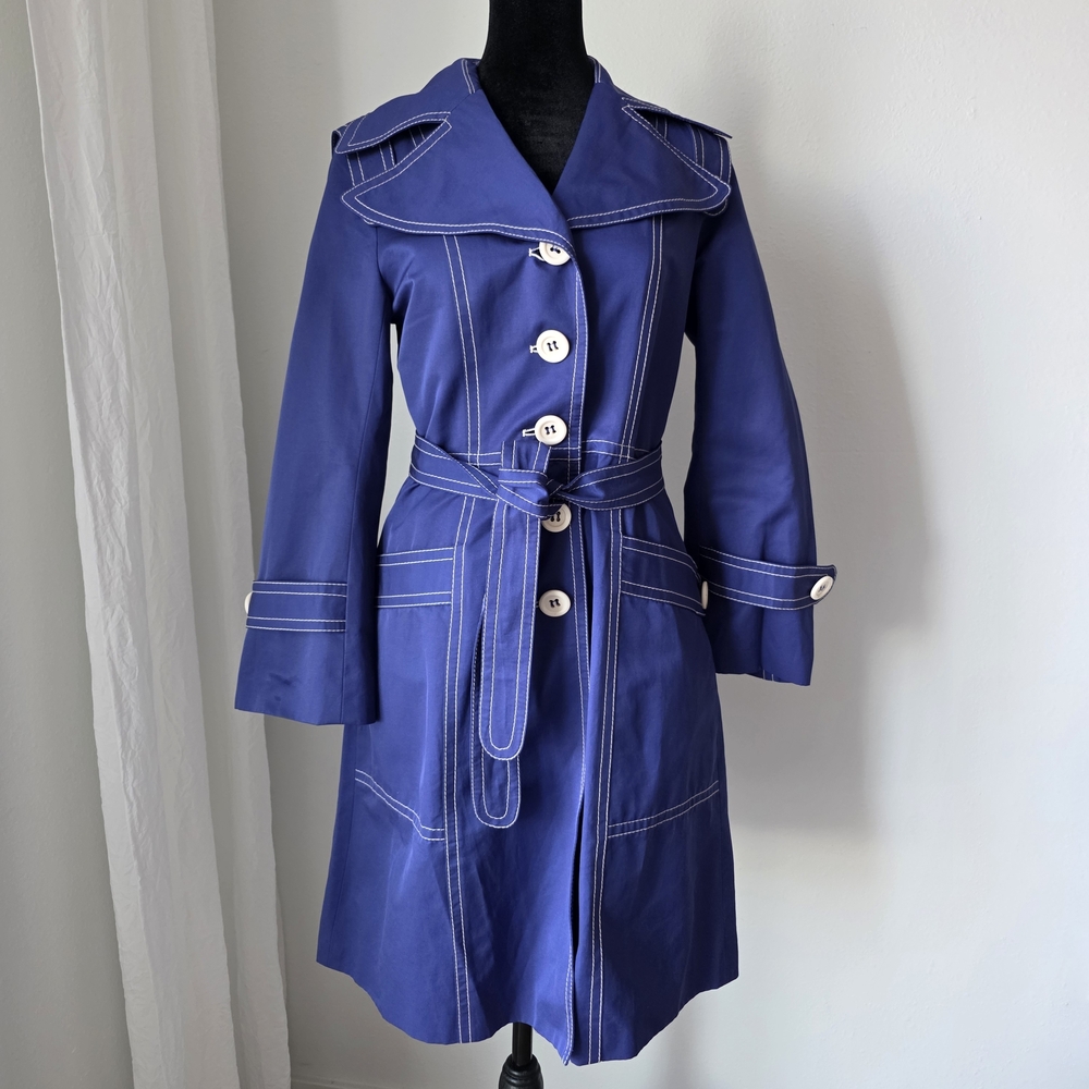 Vintage Yoana Baraschi  Blue/ Purple Trench Coat with White Stitching Sz 4